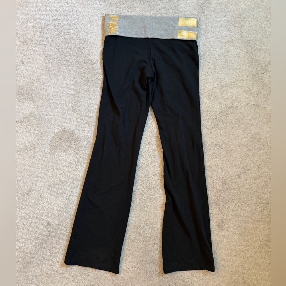 Victoria's Secret PINK black yoga pants fold over leggings gold bling flare y2k